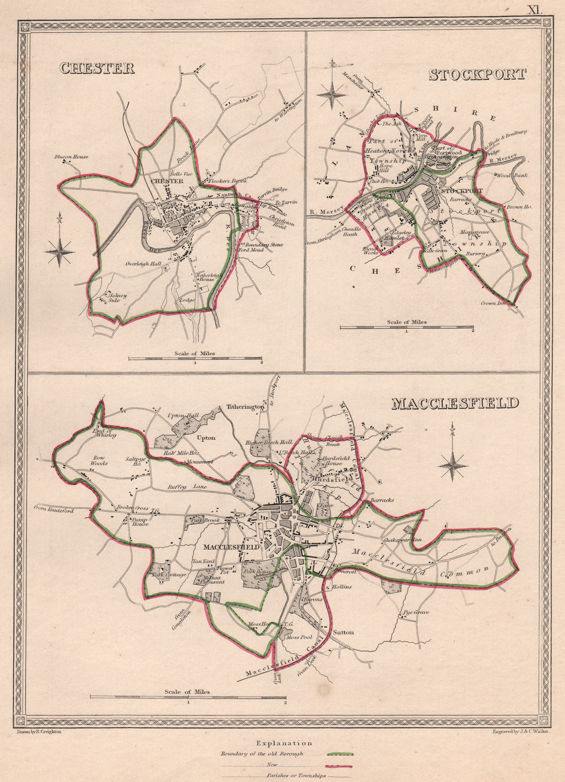 CHESHIRE TOWNS. Chester Stockport Macclesfield plans. CREIGHTON/WALKER 1835 map